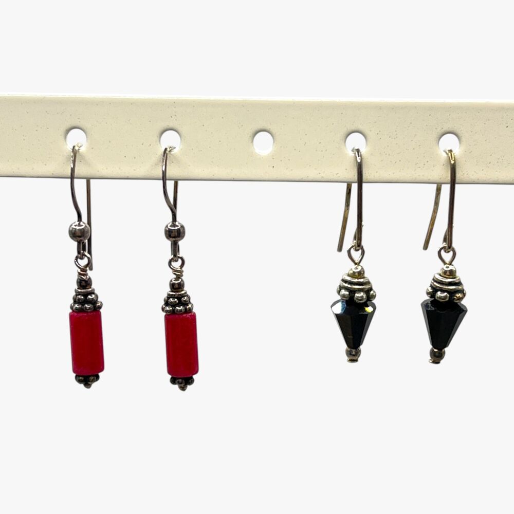Lot Dangle Earrings Red Black Spike Silver Tone Dainty Hooks Boho Drop Vintage
